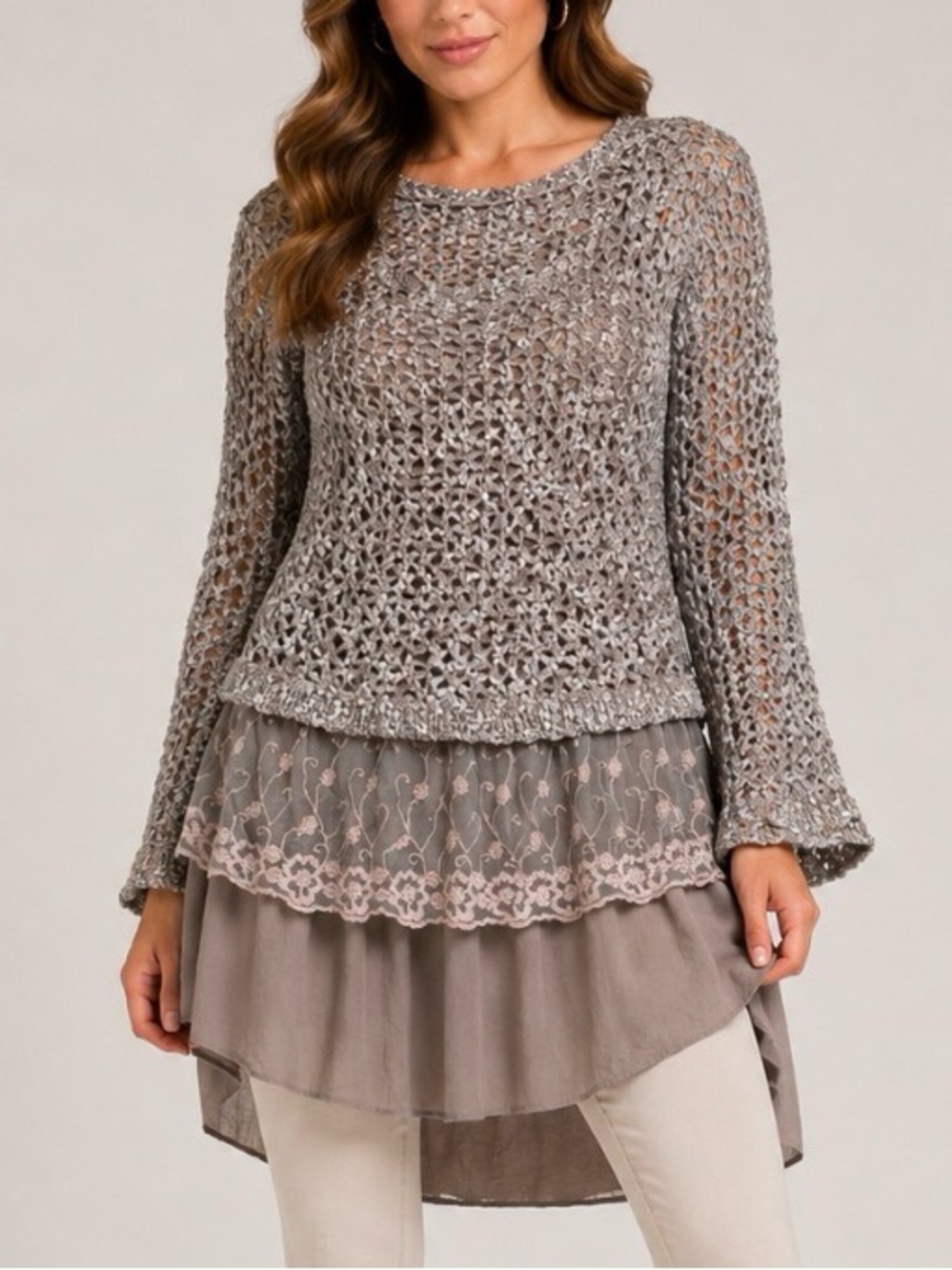 John Fashion Open-Knit Layered Tunic Sweater Lace Hem - Taupe/Beige wool blend L